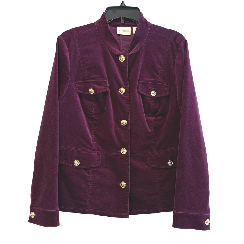 Chicos‎ Womens Velvet Jacket Purple Gold Button Front Pockets Size 2 (12)